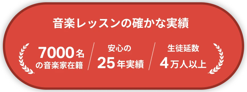 音楽レッスンの確かな実績/7000名の音楽家在籍/安心の25年実績/生徒延数4万人以上